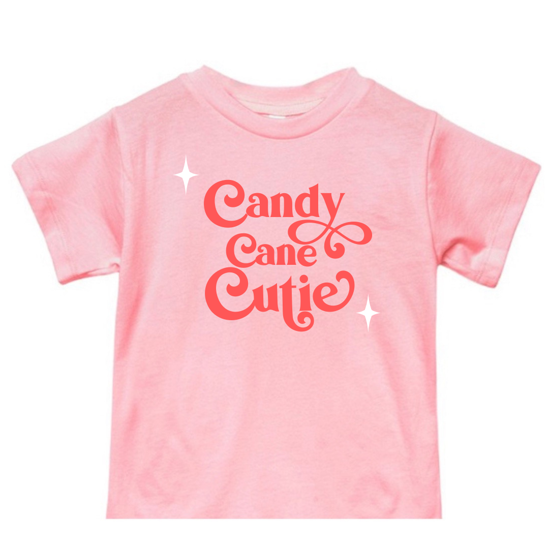 Christmas Outfit Trendy Stylish Comfortable Washable Kids Glamour Girl Boutique Style Unique Clothing; Perfect Christmas Outfit Pop Culture Graphic Tee for Baby Toddler ages 4-7 Girl Pink Short Sleeves "Candy Cane Cutie"
