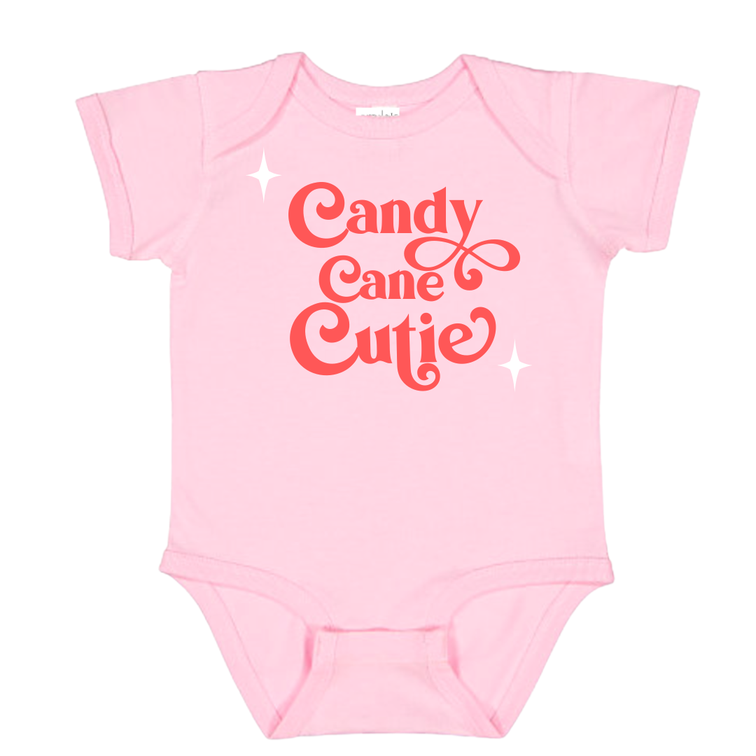 Christmas Outfit Trendy Stylish Comfortable Washable Kids Glamour Girl Boutique Style Unique Clothing; Perfect Christmas Outfit Pop Culture Graphic Tee/Onesie for Baby Toddler ages 4-7 Girl Pink Short Sleeves "Candy Cane Cutie"