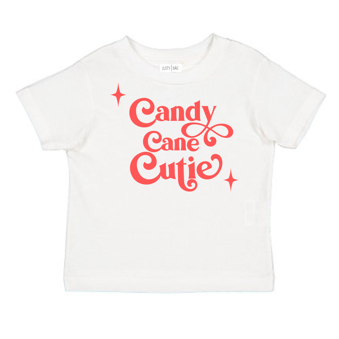 Christmas Outfit Trendy Stylish Comfortable Washable Kids Glamour Girl Boutique Style Unique Clothing; Perfect Christmas Outfit Pop Culture Graphic Tee for Baby Toddler ages 4-7 Girl White Short Sleeves "Candy Cane Cutie"