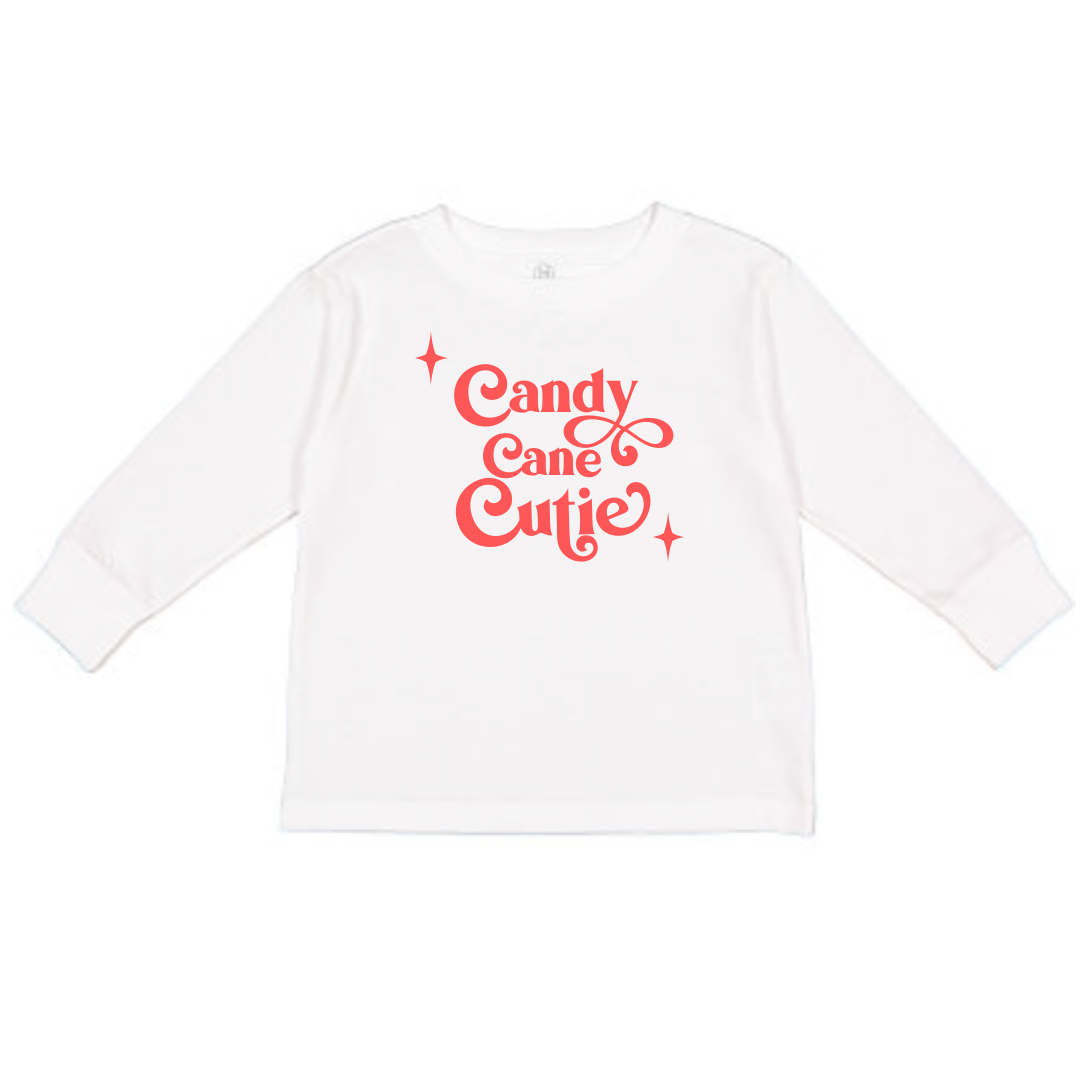Christmas Outfit Trendy Stylish Comfortable Washable Kids Glamour Girl Boutique Style Unique Clothing; Perfect Christmas Outfit Pop Culture Graphic Tee for Baby Toddler ages 4-7 Girl White Long Sleeves "Candy Cane Cutie"