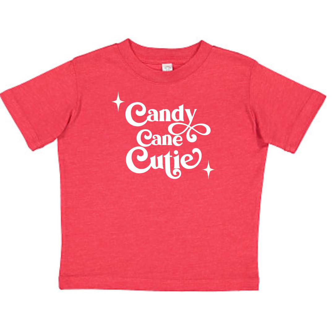 Christmas Outfit Trendy Stylish Comfortable Washable Kids Glamour Girl Boutique Style Unique Clothing; Perfect Christmas Outfit Pop Culture Graphic Tee for Baby Toddler ages 4-7 Girl Red Short Sleeves "Candy Cane Cutie"