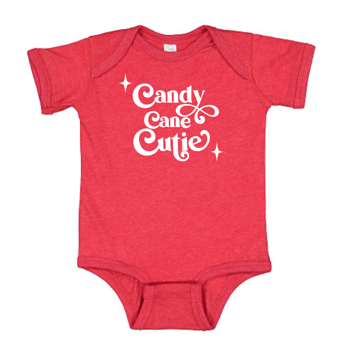 Christmas Outfit Trendy Stylish Comfortable Washable Kids Glamour Girl Boutique Style Unique Clothing; Perfect Christmas Outfit Pop Culture Graphic Tee/Onesie for Baby Toddler ages 4-7 Girl Red Short Sleeves "Candy Cane Cutie"