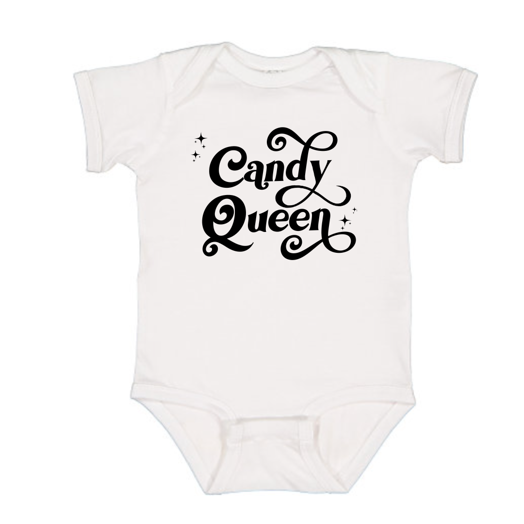 white trick or treat candy queen tee baby toddler halloween outfit