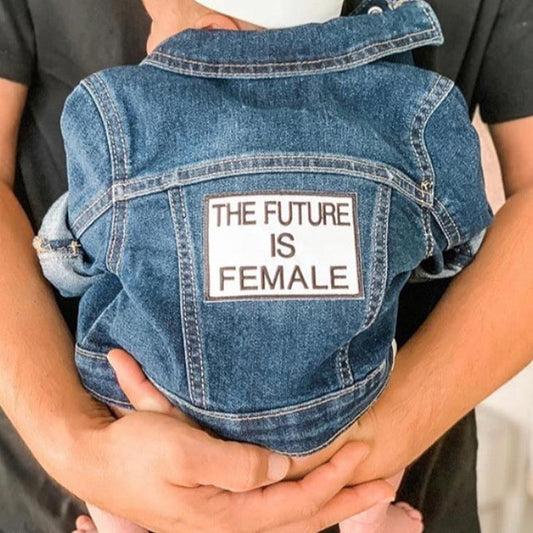 Christmas Gift Trendy Stylish Comfortable Washable Kids Glamour Girl Boutique Style Unique Clothing; Perfect Christmas Gift Custom Denim Jacket for Baby Toddler ages 4-7 Girl Denim Jacket "The Future Is Female"