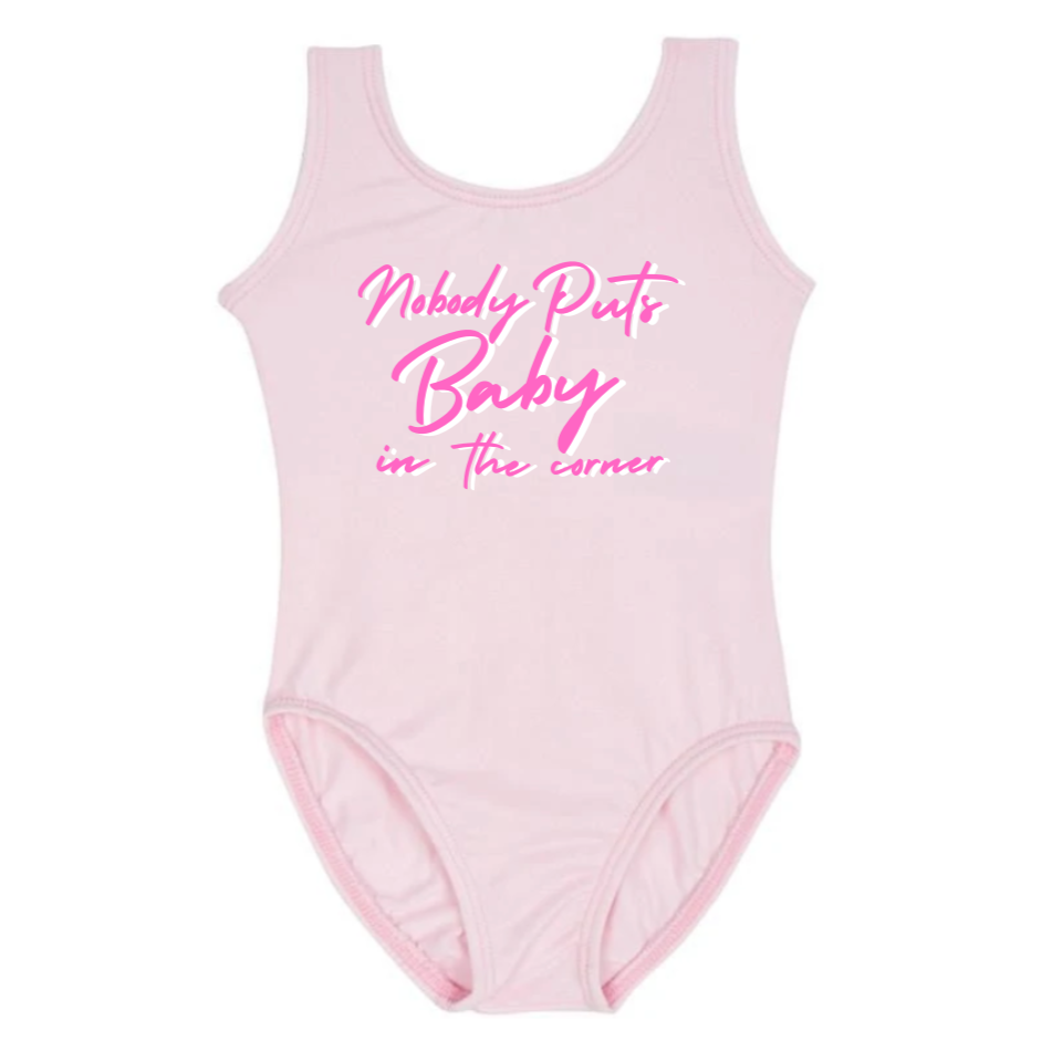 Bodysuit Leotard Ballet Dance Outfit Trendy Stylish Comfortable Washable Stretchy Kids Glamour Girl Boutique Style Unique Clothing; "Nobody Puts Baby in The Corner" Leotard for Baby Toddler ages 4-7 Girl Pink Dance Collection Short Sleeves/Sleeveless Ballet Bodysuit "Nobody Puts Baby In The Corner" Dirty Dancing Pop Culture Reference