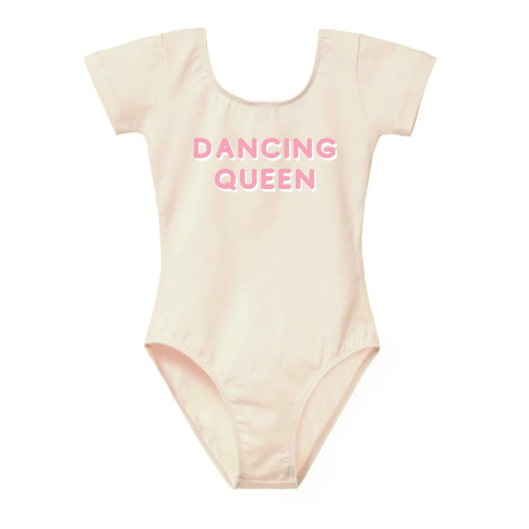Leotard Ballet Dance Outfit Trendy Stylish Comfortable Washable Stretchy Kids Glamour Girl Boutique Style Unique Clothing; "Dancing Queen" Leotard for Baby Toddler ages 4-7 Girl Cream/Pink Dance Collection Short Sleeves Ballet Bodysuit "Dancing Queen"