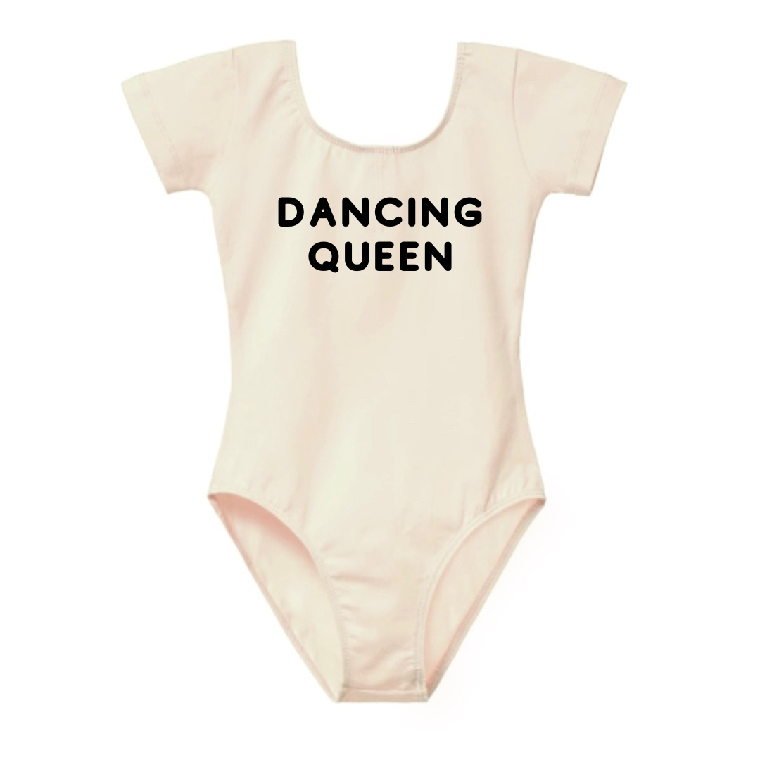 Leotard Ballet Dance Outfit Trendy Stylish Comfortable Washable Stretchy Kids Glamour Girl Boutique Style Unique Clothing; "Dancing Queen" Leotard for Baby Toddler ages 4-7 Girl Cream/Black Dance Collection Short Sleeves Ballet Bodysuit "Dancing Queen"