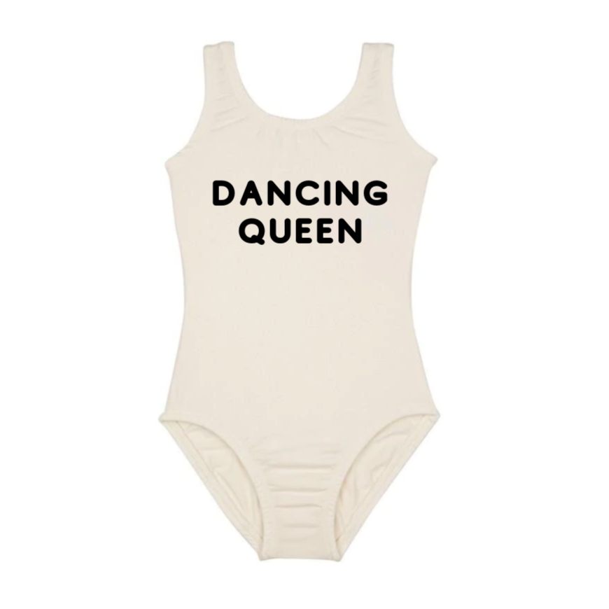 Leotard Ballet Dance Outfit Trendy Stylish Comfortable Washable Stretchy Kids Glamour Girl Boutique Style Unique Clothing; "Dancing Queen" Leotard for Baby Toddler ages 4-7 Girl Cream/Black Dance Collection Sleeveless Ballet Bodysuit "Dancing Queen"