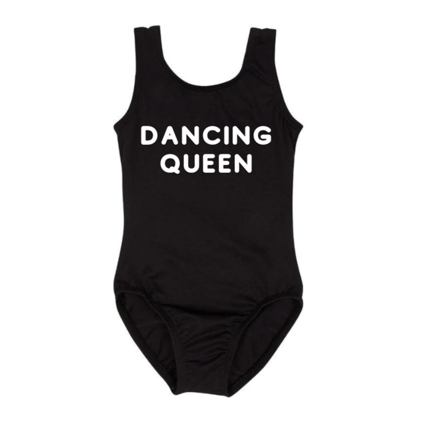 Leotard Ballet Dance Outfit Trendy Stylish Comfortable Washable Stretchy Kids Glamour Girl Boutique Style Unique Clothing; "Dancing Queen" Leotard for Baby Toddler ages 4-7 Girl Black Dance Collection Sleeveless Ballet Bodysuit "Dancing Queen"