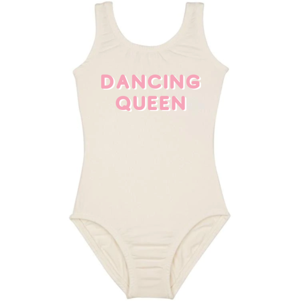 Leotard Ballet Dance Outfit Trendy Stylish Comfortable Washable Stretchy Kids Glamour Girl Boutique Style Unique Clothing; "Dancing Queen" Leotard for Baby Toddler ages 4-7 Girl Cream/Pink Dance Collection Sleeveless Ballet Bodysuit "Dancing Queen"