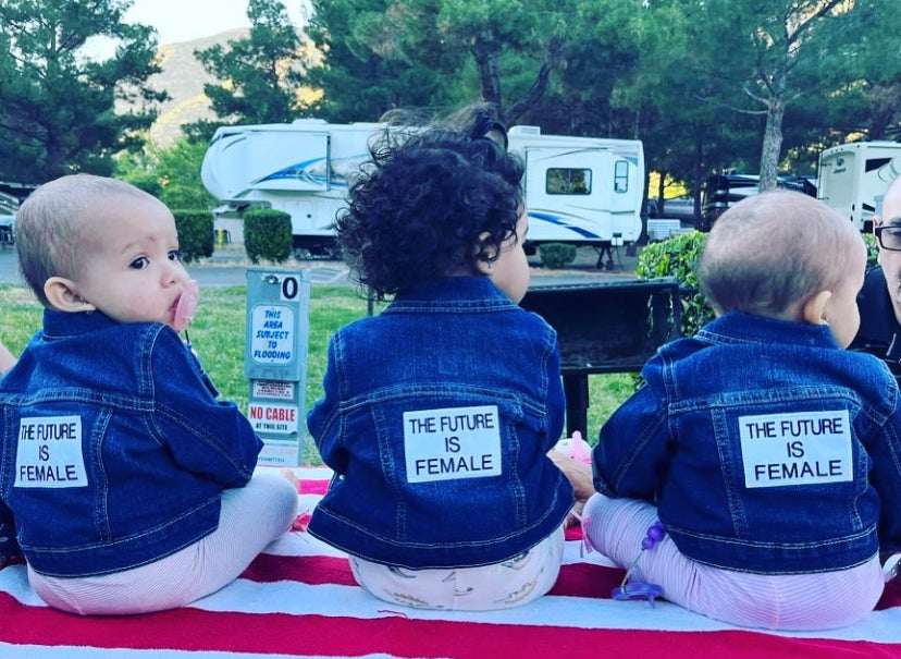 Christmas Gift Trendy Stylish Comfortable Washable Kids Glamour Girl Boutique Style Unique Clothing; Perfect Christmas Gift Custom Denim Jacket for Baby Toddler ages 4-7 Girl Denim Jacket "The Future Is Female"