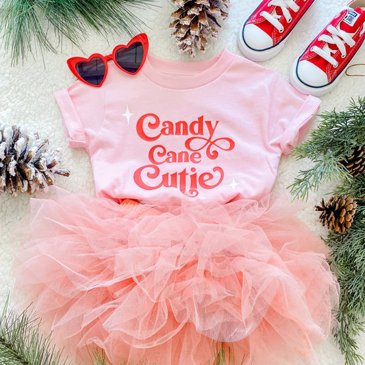 Christmas Outfit Trendy Stylish Comfortable Washable Kids Glamour Girl Boutique Style Unique Clothing; Perfect Christmas Outfit Pop Culture Graphic Tee for Baby Toddler ages 4-7 Girl Pink Short Sleeves "Candy Cane Cutie"