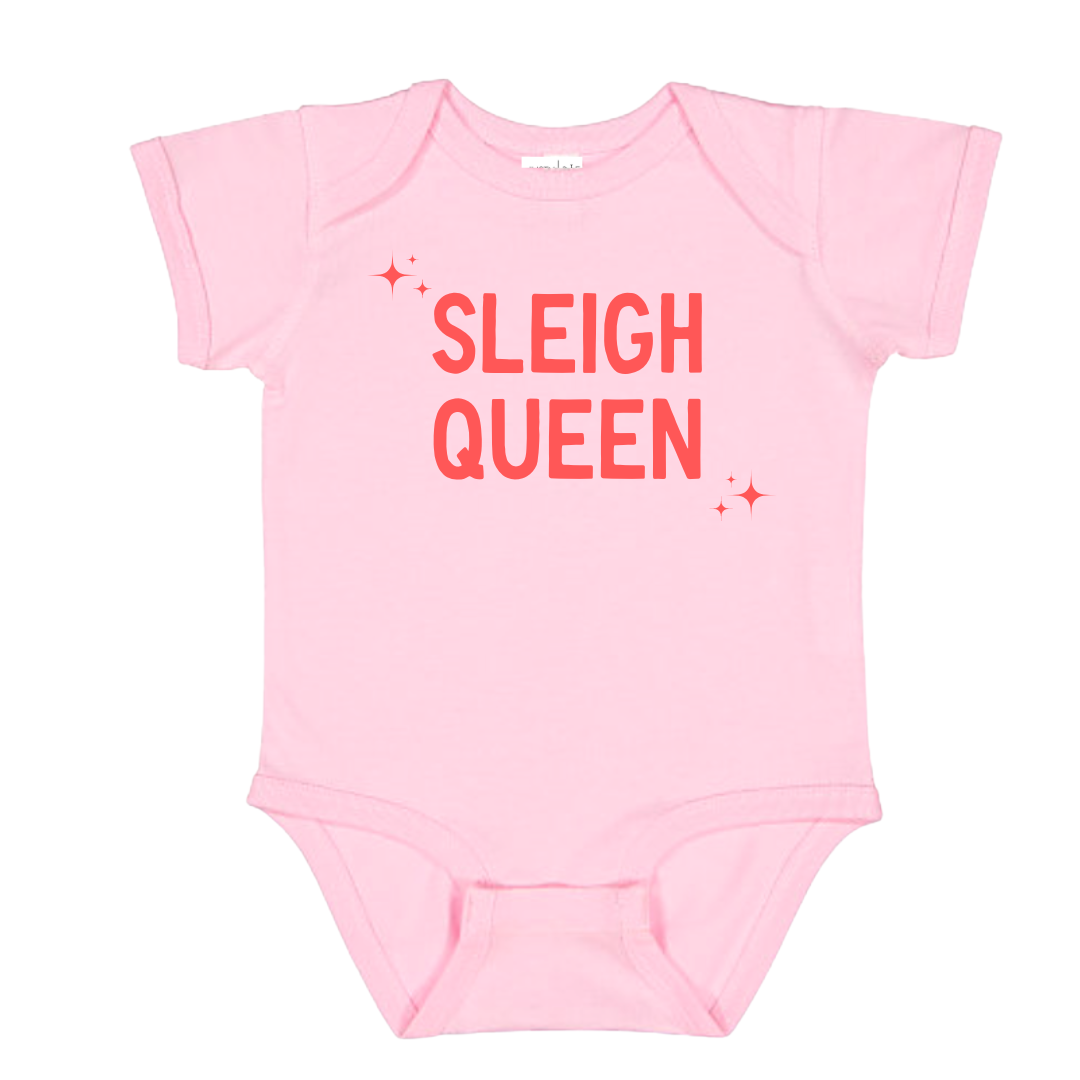 “Sleigh Queen" Baby Toddler ages 4-7 girl Red/White/Pink Christmas Collection Short Sleeves/Long Sleeves Christmas Outfit Top Graphic Tee/Onesie Trendy Stylish Comfortable Washable Kids Glamour Girl Boutique Style Unique Clothing; “Sleigh Queen” Graphic Tee/Onesie for Baby Toddler ages 4-7 Girl Red/Pink/White Christmas Collection Short Sleeves/Long Sleeves